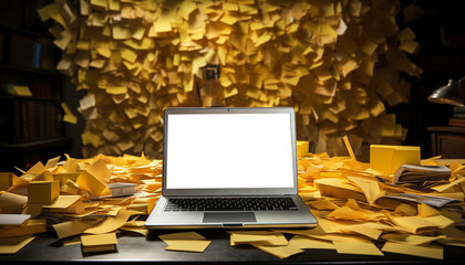 Room filled with pile of reminder sticky notes with laptop.Laptop isolated with white display in reminders of yellow stickers on table Many unfulfilled tasks, deadline,study,business concept