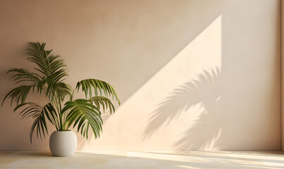 Cosmetic background for product presentation with tropical palm leaf, 3d render illustration, soft beautiful dappled sunlight . Generative AI