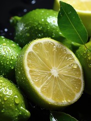 Fototapeta na wymiar Lime and lemon with water drops. Lemon slice close-up shot. Lime with leaves. 