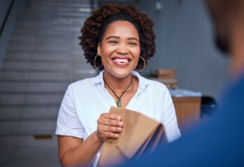 Happy customer, delivery and a woman at a door with a paper bag from courier man at home. Face of person or client with package, parcel or fast food from online shopping, e-commerce or service