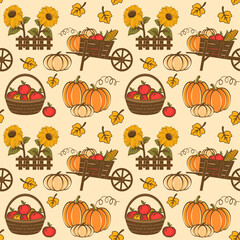 Seamless vector pattern of pumpkins, apples and sunflowers. Garden harvest season and thanksgiving day decoration.