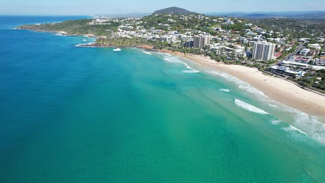 Coolum Bay With Turquoise Water In Sunshine Coast, Queensland, Australia - aerial drone shot