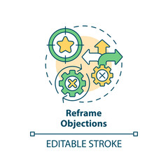 Reframe objections multi color concept icon. Product benefits. Provide information. Sales technique. Selling strategy. Round shape line illustration. Abstract idea. Graphic design. Easy to use - obrazy, fototapety, plakaty