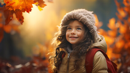 Portrait of young joyful girl with backpack having fun in autumn.