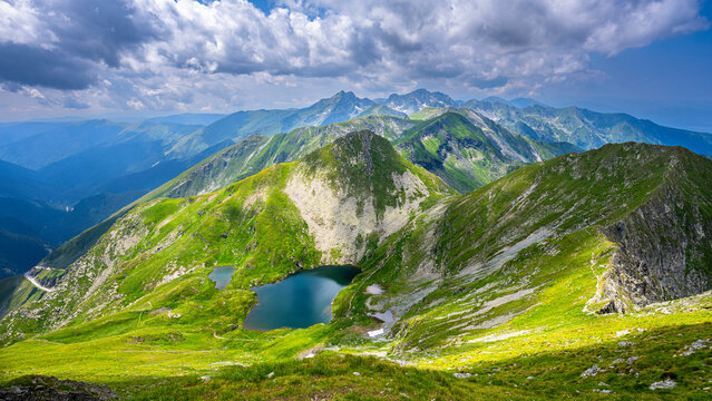 The Capra Lake. Summer landscape of the Fagaras Mountains, Romania. A view from the hiking trail near the Balea Lake and the Transfagarasan Road.