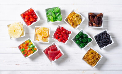 Group of dried and candied fruit in bowl