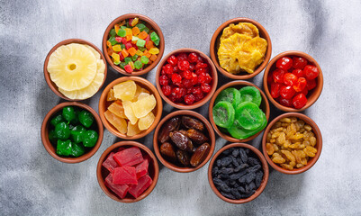 Group of dried and candied fruit in bowl