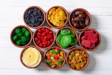 Group of dried and candied fruit in bowl