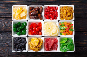 Group of dried and candied fruit in bowl
