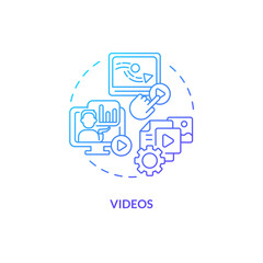 Blue gradient videos thin line icon concept, isolated vector, illustration representing knowledge management.