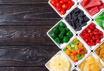 Group of dried and candied fruit in bowl