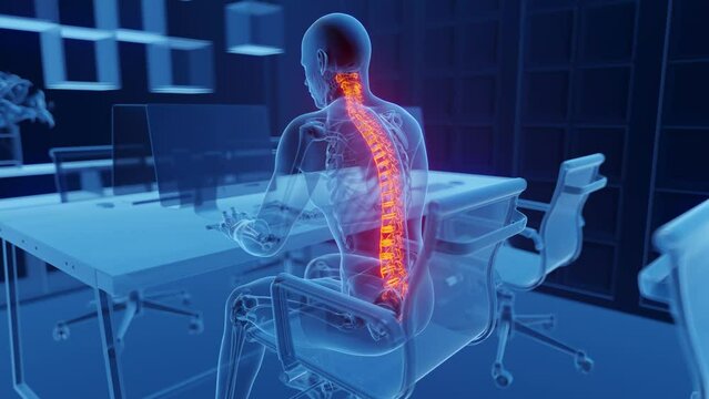 Animation of a man's spine while working in the office