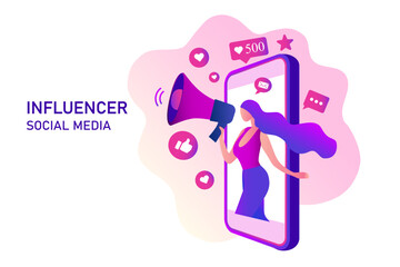 Beautiful woman shouting in loud speaker with social media icons. Influencer social media marketing, blogger, vlogging, social influencer and influencer marketing concept vector illustration