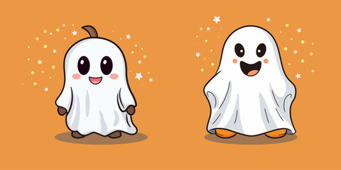 Cute, lovely cartoon Halloween ghost for holiday design elements.
