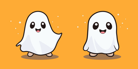 Cute, lovely cartoon Halloween ghost for holiday design elements.