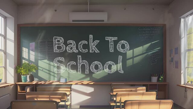 Empty school classroom and chalkboard with "Back To School" text. Cartoon or Japanese anime watercolor painting illustration style. seamless looping 4K virtual video animation background.