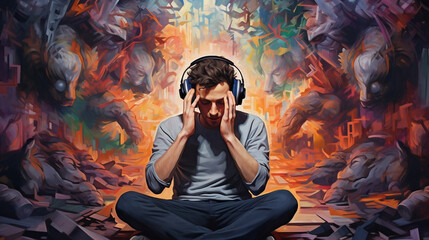 man with headphones in a vivid background. An illustration of auditory hallucinations. Mental health concept