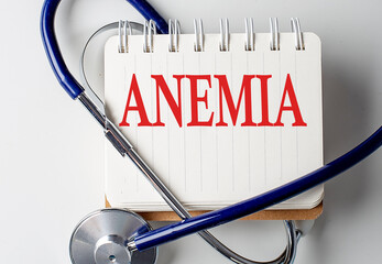 ANEMIA word on notebook with medical equipment on background