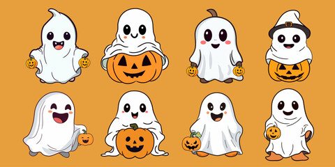 Cute cartoon Halloween ghost carrying pumpkin Jack-o'-lantern.