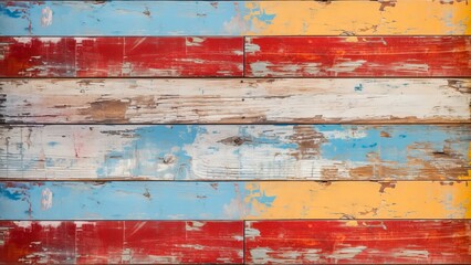 Fototapeta na wymiar old rustic abstract painted wooden wall table floor texture - Grunge red blue yellow white painting shabby peeled off wood background (Generative Ai)
