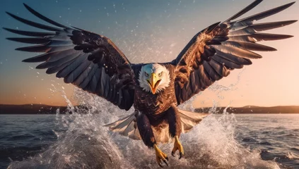 Poster Eagle Soaring Over Water. Majestic Flight and Powerful Hunt. Wildlife Predator in Alaska. Freedom and Pride in American Skies. Nature Beauty. Protecting its Prey with Sharp Eyes and Feathered Wings. © remake