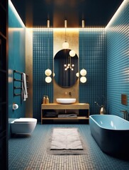 High detail bathroom with LED lights. Sleek and elegant marble bathroom with freestanding bathtub
