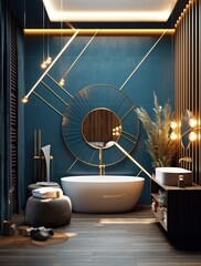High detail bathroom with LED lights. Sleek and elegant marble bathroom with freestanding bathtub