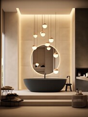 High detail bathroom with LED lights. Sleek and elegant marble bathroom with freestanding bathtub