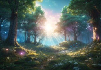 Magical fantasy forest landscape with magical light around