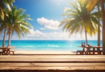 Empty wooden table on sunny blurred tropical pool background
