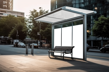 Transparent  Billboard Mockup at Downtown City Bus Stop, Ideal for Impactful Advertising Campaigns