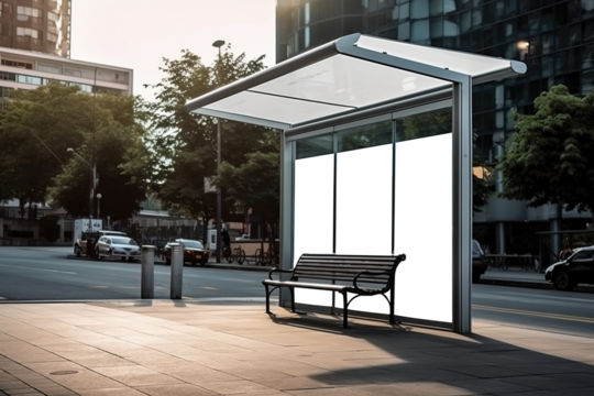 Transparent  Billboard Mockup at Downtown City Bus Stop, Ideal for Impactful Advertising Campaigns