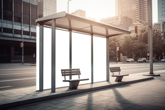 Transparent  Billboard Mockup at Downtown City Bus Stop, Ideal for Impactful Advertising Campaigns