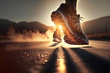Close up of shoes, athlete's foot runner running on the street in the sun in the morning. generative ai