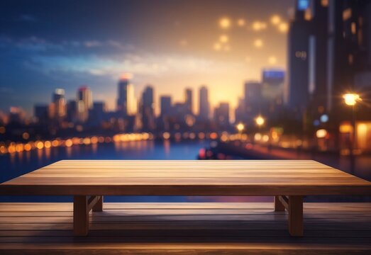 Empty wooden table on sunny blurred night cityscape