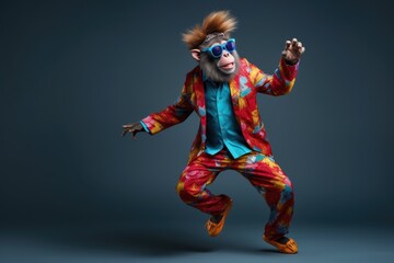  Monkey wearing colorful clothes dancing on the blue background
