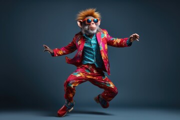 Fototapeta na wymiar Monkey wearing colorful clothes dancing on the blue background