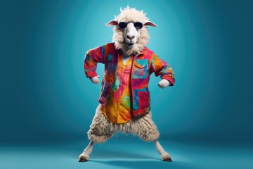 Sheep  wearing colorful clothes dancing on the blue background
