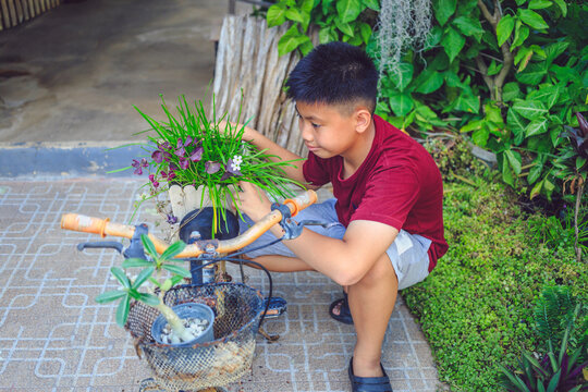 Asian boys have found old bicycles by turning them into flower pots for their homes.This creative idea not only makes use of discarded items but also creates a beautiful and sustainable garden design