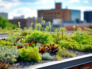 Green Roof: A close-up of plants growing on a green roof, showcasing the benefits of urban green spaces in reducing heat island effects and improving air quality