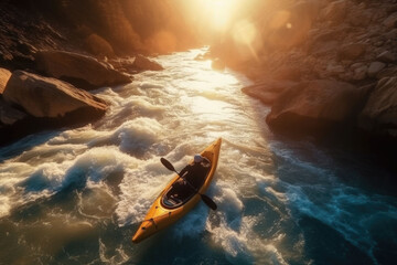 Fototapeta premium Aerial top view of extreme sport. Kayak sails mountain river. Rafting, kayaking. Generative AI