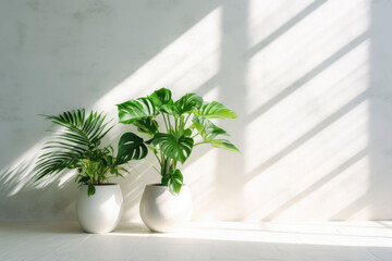 Potted green plants with white wall on the background. Sun rays. Houseplants. Generative AI
