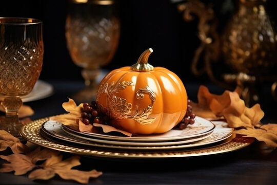 Thanksgiving table setting concept. Decorative golden painted leaves and pumpkin. AI generated