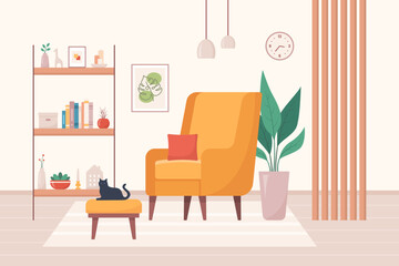 Cozy home interior design concept. Living room interior. Vector illustration in flat style