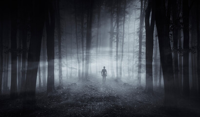 man in dark spooky forest at night, horror halloween background