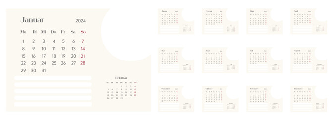 2024 calendar vector design template, simple and clean design. Calendar in German with space for notes. The week starts on Monday.