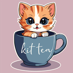 Cute cartoon kitten in a cup, kit tea