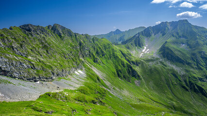 Summer landscape of the Fagaras Mountains, Romania. A view from the hiking trail near the Balea...