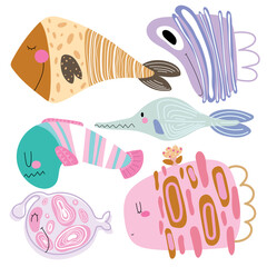 Six fish on white background. Kids pattern with cute cartoon fishes.