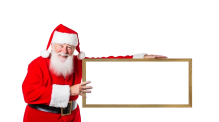 Santa Claus holds a wooden board  Blank White Sign. advertisement banner background, with room for your text, Christmas theme, sales, isolated on transparent background, Png file, Generative AI